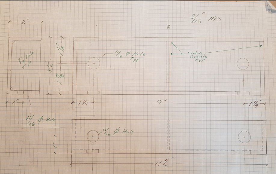 Minnie Axle Riser Rev2

The holes in the existing mounting plates are oblong so the holes in the riser do not have to be oblong. Drill as per drawing.

I had my local fab shop bend up a 3 1/2" x 2" x 3/16" (7 GA) U Channel. I drilled the 11/16" dia holes and welded in 3/16" plate Gussets.

I could have started with 3 1/2" x 3 1/2" x 3/16" (7 GA) Square Hollow Structural Steel Tubing. Then Zip cut the square to make 3 1/2" x 2" U Channel.

A third option is to use 3 1/2" x 3 1/2" x 1/4" Square Tubing and not cut it into U Channel, drill 11/16" holes and your done.